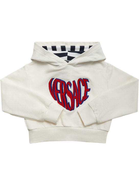 Versace: Sweat-shirt en coton brodé à capuche - Blanc - kids-girls_0 | Luisa Via Roma