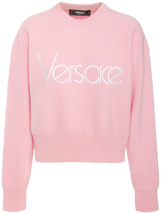 Versace: Logo rib knit crewneck sweater - Pink - women_0 | Luisa Via Roma