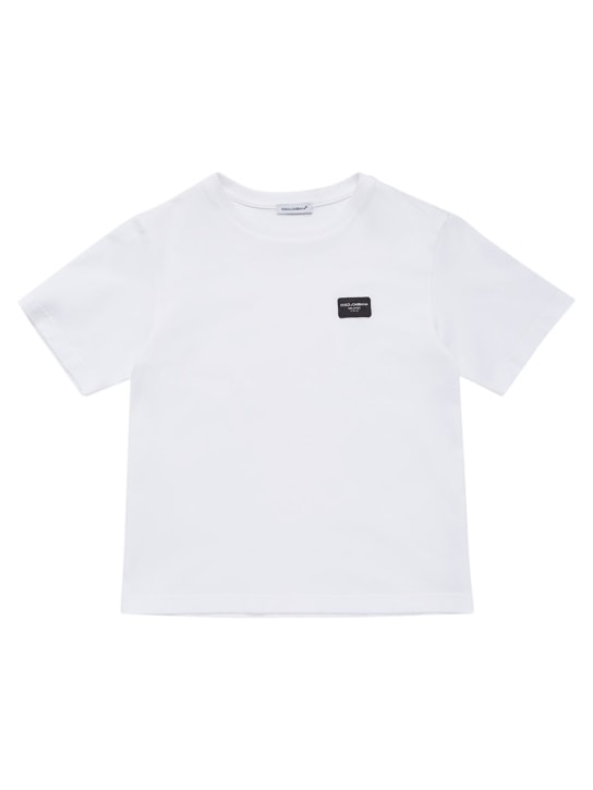 Dolce&Gabbana: Logo刺绣棉质平纹针织T恤 - 白色 - kids-boys_0 | Luisa Via Roma