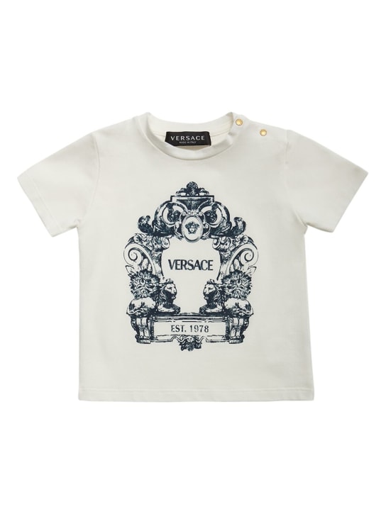 Versace: Camiseta de jersey de algodón con logo - Blanco/Marino - kids-boys_0 | Luisa Via Roma