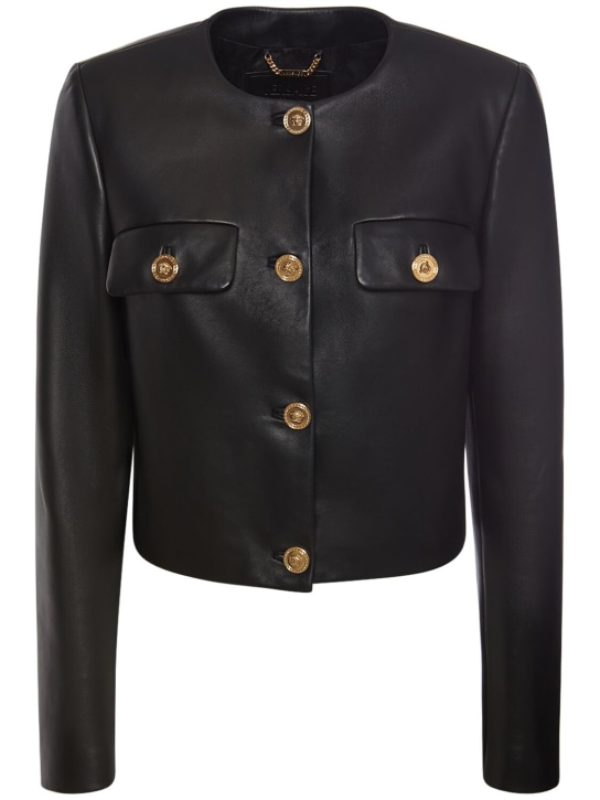 Versace: Leather button down jacket - Black - women_0 | Luisa Via Roma