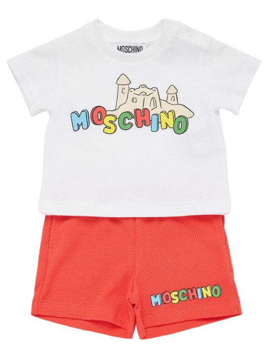 Moschino: T-shirt & short en piqué de coton - Blanc/Rouge - kids-boys_0 | Luisa Via Roma