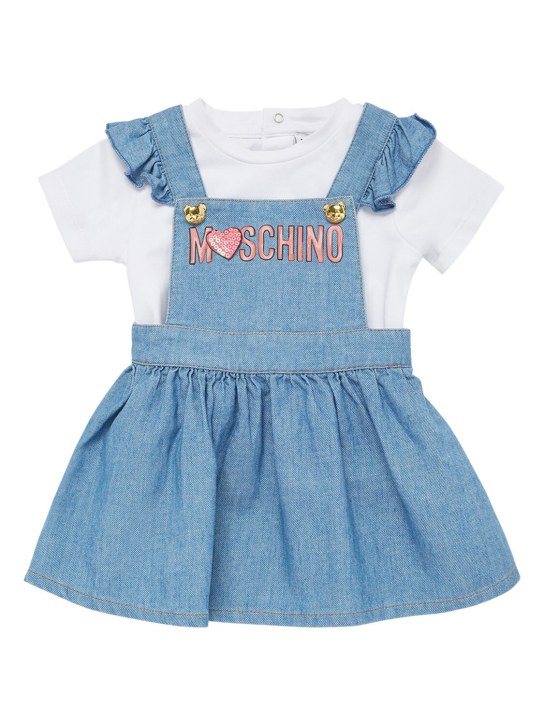 Moschino: T-shirt en jersey de coton & robe en batiste - Blanc/Denim - kids-girls_0 | Luisa Via Roma