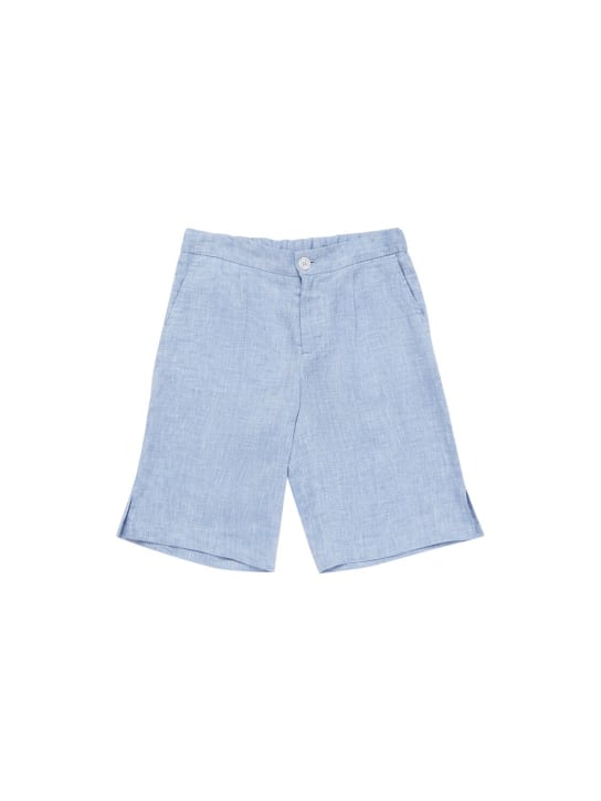 Dolce&Gabbana: Shorts de lino con parche de logo - Azul Claro - kids-boys_0 | Luisa Via Roma