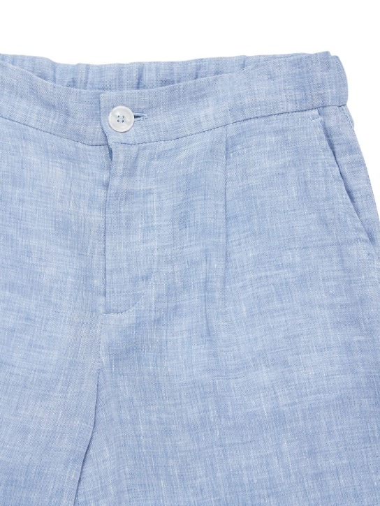 Dolce&Gabbana: Shorts de lino con parche de logo - Azul Claro - kids-boys_1 | Luisa Via Roma