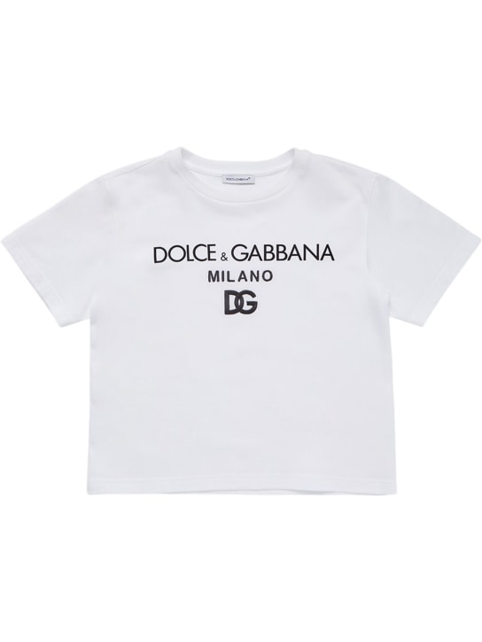 Dolce&Gabbana: 로고 프린트 코튼 저지 티셔츠 - 화이트 - kids-boys_0 | Luisa Via Roma