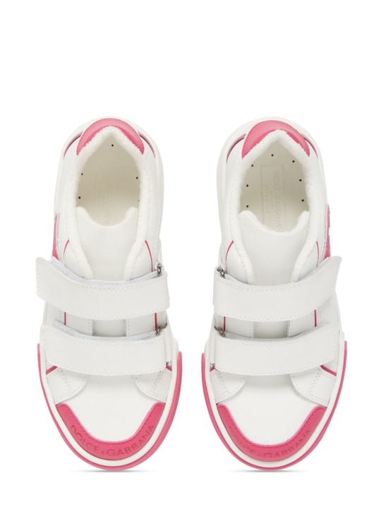Dolce&Gabbana: 皮革粘扣运动鞋 - 白色/桃红色 - kids-girls_1 | Luisa Via Roma