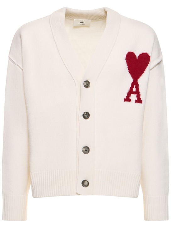 AMI Paris: Cardigan en maille de laine à logo - Blanc Cassé - men_0 | Luisa Via Roma