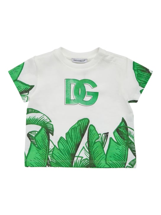 Dolce&Gabbana: T-shirt en jersey de coton stretch imprimé logo - Blanc/Vert - kids-boys_0 | Luisa Via Roma