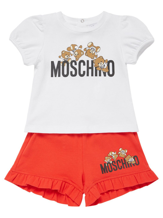 Moschino: T-shirt & short en jersey de coton - Blanc/Rouge - kids-girls_0 | Luisa Via Roma
