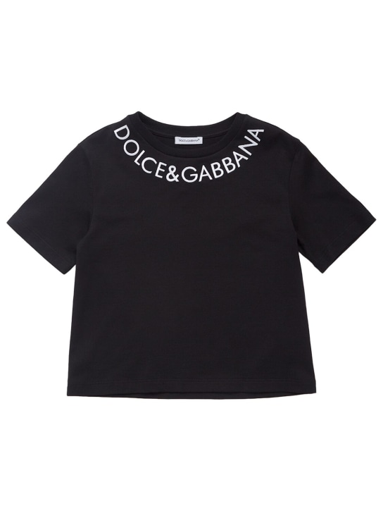 Dolce&Gabbana: 자수 코튼 저지 티셔츠 - 블랙 - kids-girls_0 | Luisa Via Roma