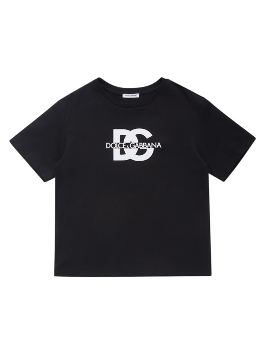 Dolce&Gabbana: T-shirt en jersey de coton imprimé logo - Noir - kids-boys_0 | Luisa Via Roma