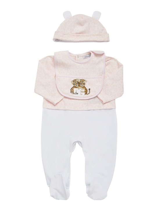 Dolce&Gabbana: Cotton romper, bib & hat - White/Pink - kids-girls_0 | Luisa Via Roma
