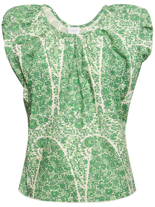 Giambattista Valli: Printed poplin draped short sleeve top - White/Green - women_0 | Luisa Via Roma