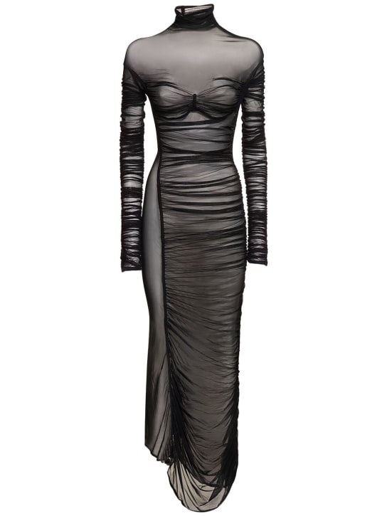 MUGLER: Vestido largo de malla con cuello vuelto - Negro - women_0 | Luisa Via Roma