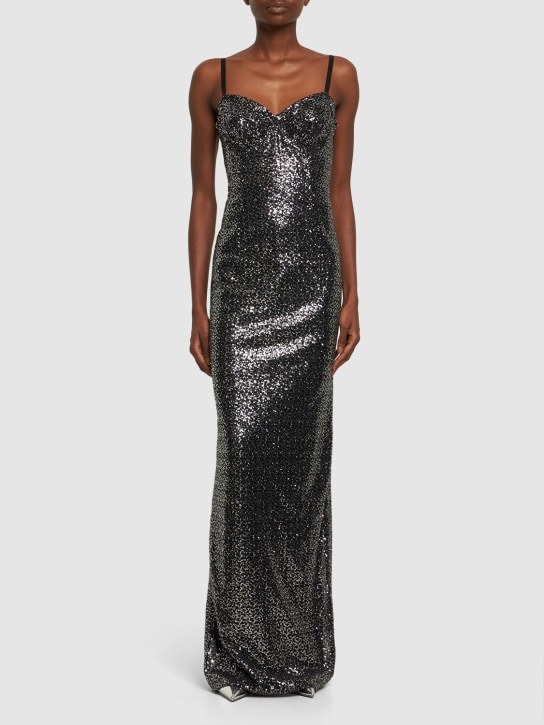 Dolce&Gabbana: Sequined heart neck long dress - Black - women_1 | Luisa Via Roma