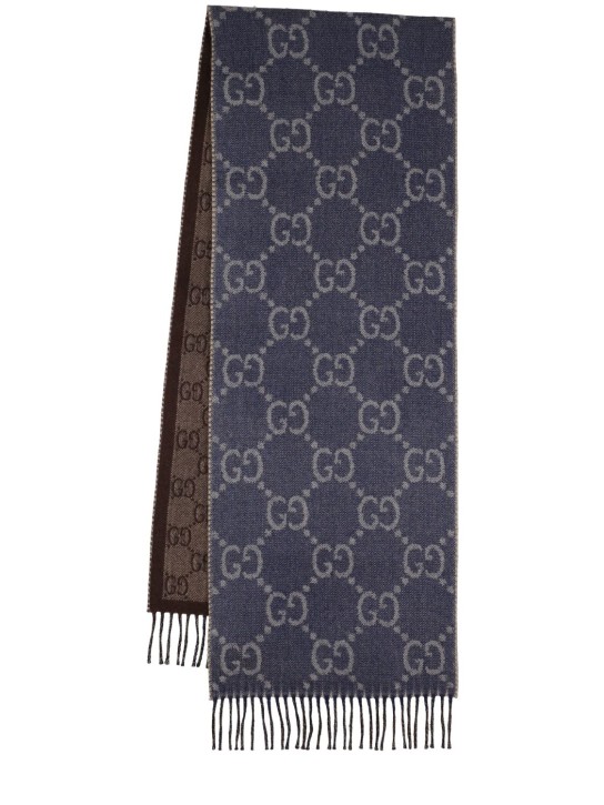 Gucci: GG jacquard wool knit scarf w/tassels - Navy/Beige - women_0 | Luisa Via Roma