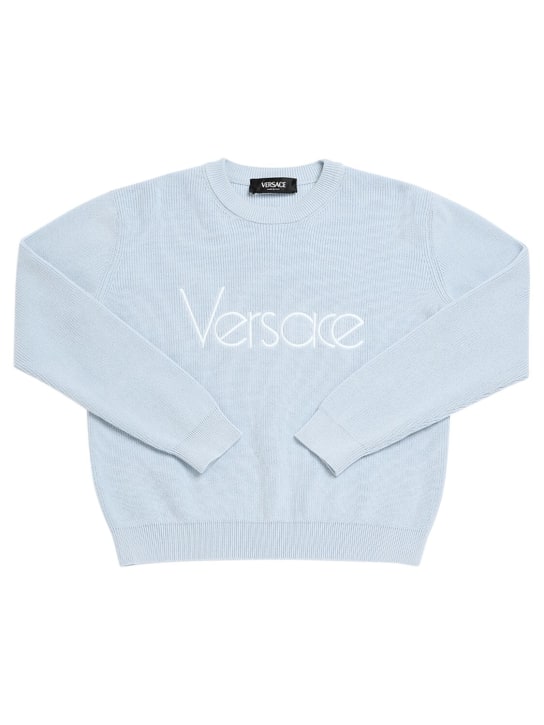 Versace: Sweat-shirt en coton brodé - Bleu - kids-girls_0 | Luisa Via Roma