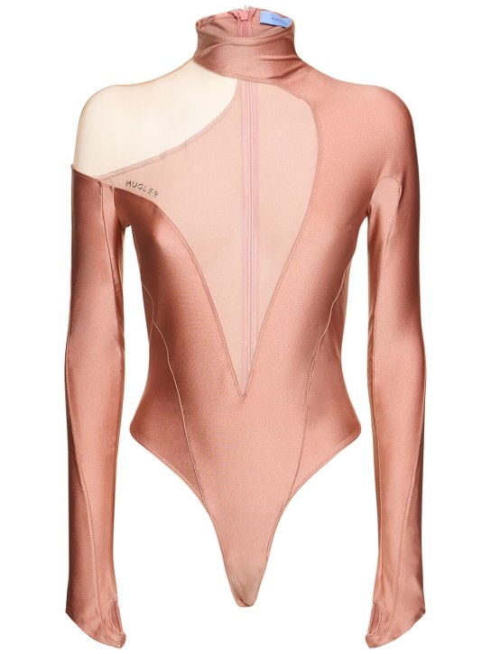 MUGLER: Shiny Lycra cutout turtleneck bodysuit - Pink/Nude 01 - women_0 | Luisa Via Roma