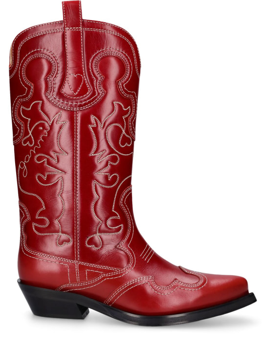 GANNI: 40mm Mid shaft embroidered western boots - Red - women_0 | Luisa Via Roma