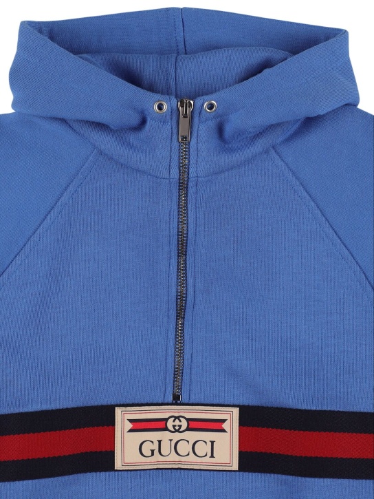 Gucci: Cotton sweatshirt hoodie w/ web - Blue/Multi - kids-boys_1 | Luisa Via Roma