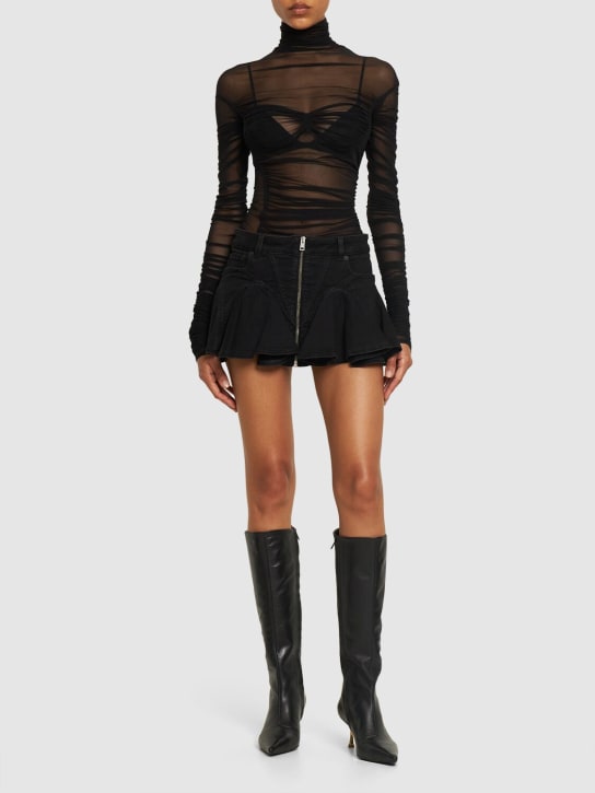 MUGLER: Ruffled cotton denim mini skirt - Black - women_1 | Luisa Via Roma