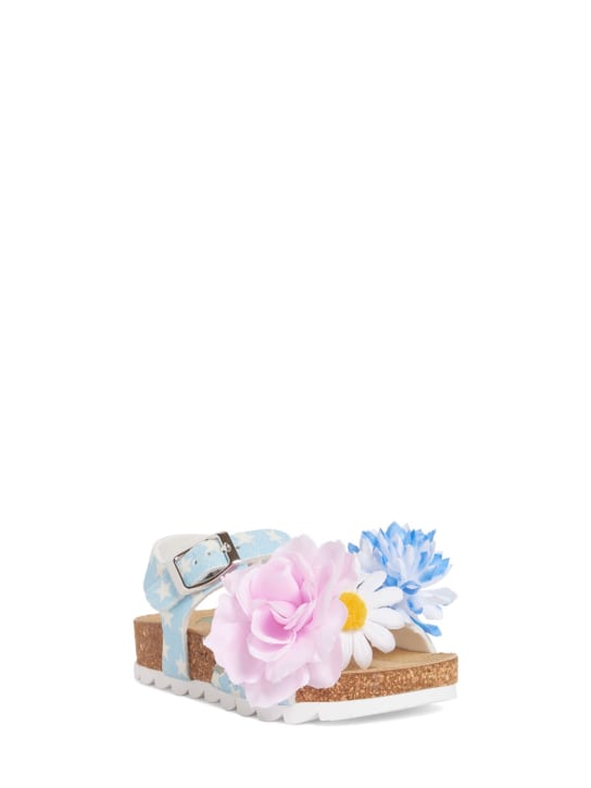 Monnalisa: Sandales en simili-cuir avec fleurs appliquées - Bleu/Multicolore - kids-girls_1 | Luisa Via Roma