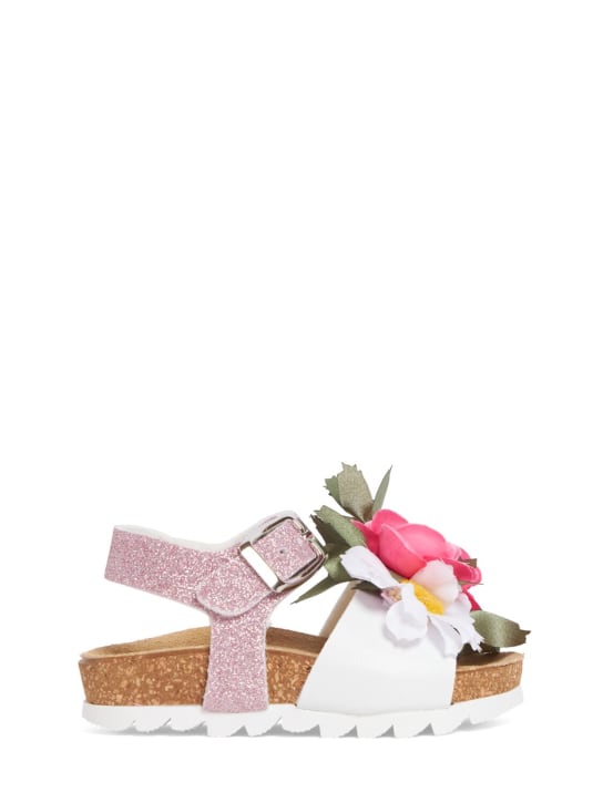 Monnalisa: Faux leather sandals w/flower appliqués - White - kids-girls_0 | Luisa Via Roma