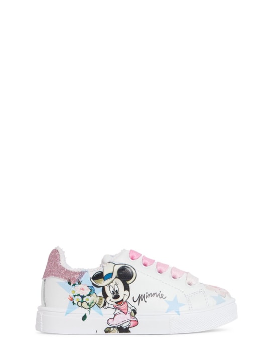 Monnalisa: Printed leather sneakers - White/Pink - kids-girls_0 | Luisa Via Roma