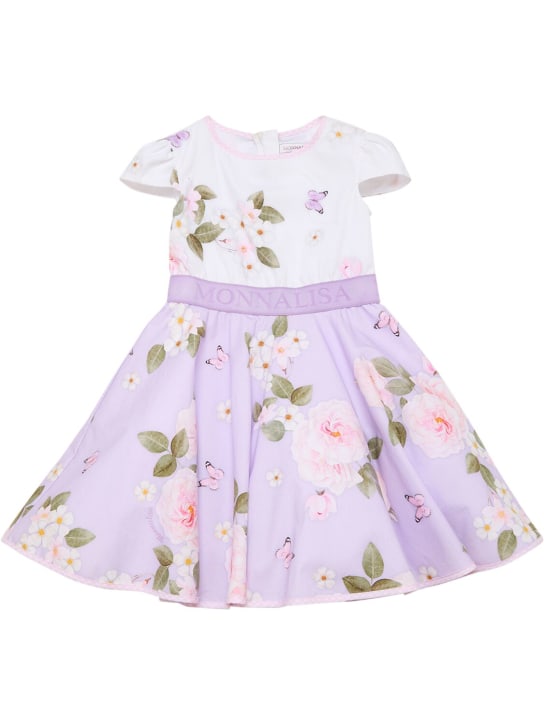 Monnalisa: Printed cotton poplin dress - White/Lilac - kids-girls_0 | Luisa Via Roma