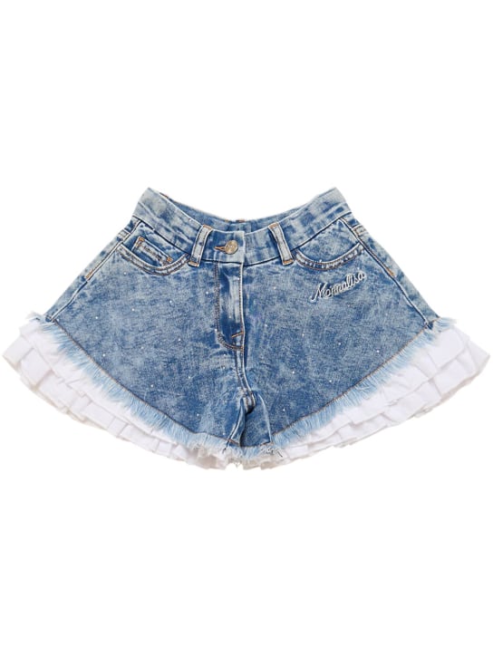 Monnalisa: Stretch cotton denim shorts w/ ruffles - Denim - kids-girls_0 | Luisa Via Roma