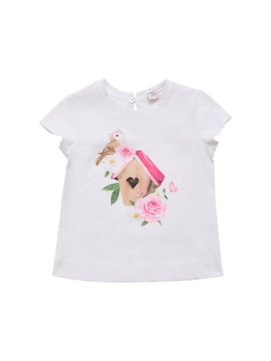 Monnalisa: 印花棉质平纹针织T恤 - 白色 - kids-girls_0 | Luisa Via Roma