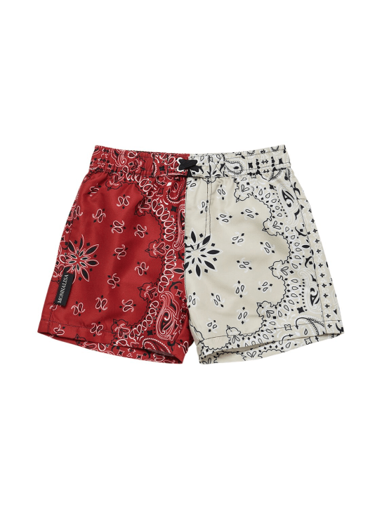 Monnalisa: Printed nylon swim shorts - Red/Beige - kids-boys_0 | Luisa Via Roma