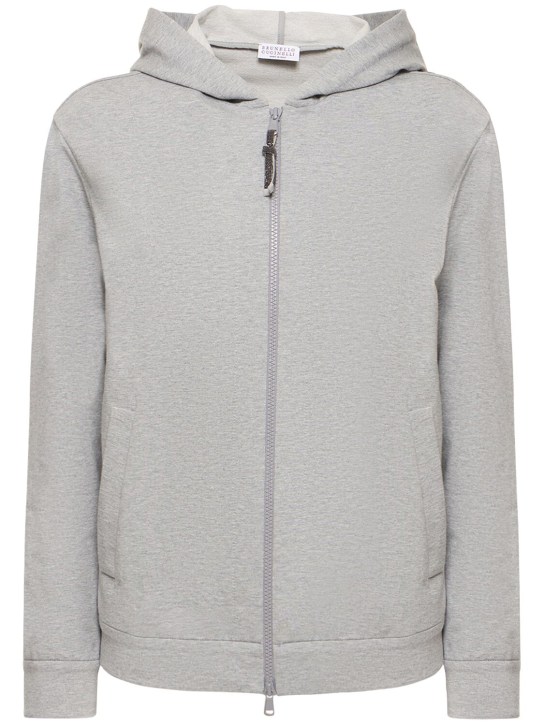 Brunello Cucinelli: Cotton jersey zip hoodie - Grey - women_0 | Luisa Via Roma