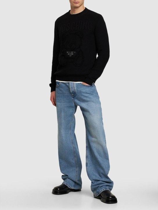 Moschino: Teddy print cotton knit sweater - Black - men_1 | Luisa Via Roma