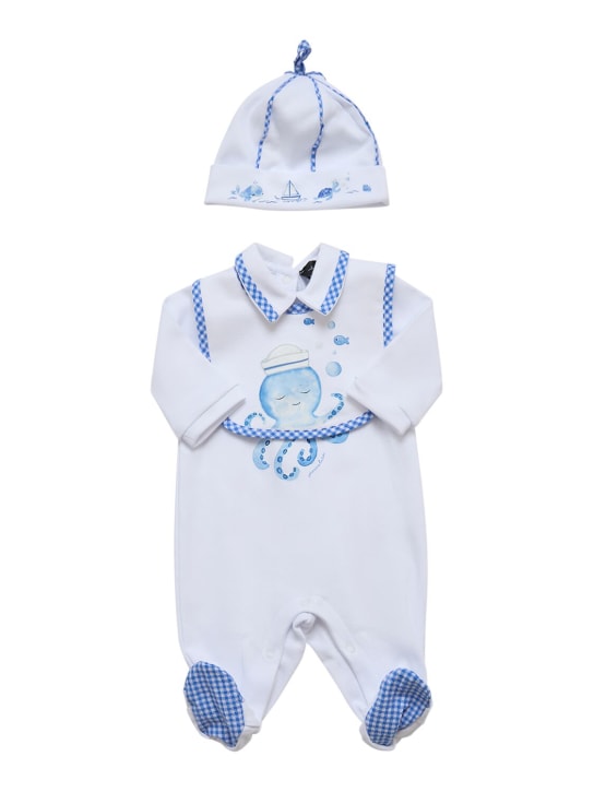 Monnalisa: Barboteuse, bonnet & bavoir en coton interlock - Blanc/Bleu - kids-boys_0 | Luisa Via Roma