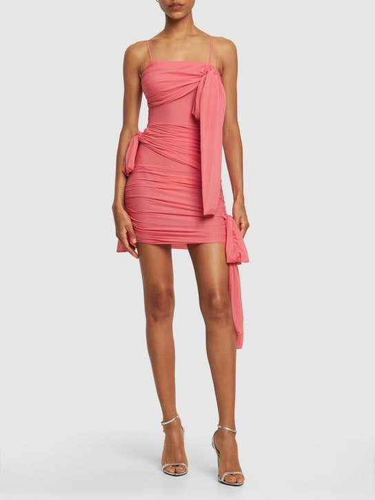 Blumarine: Draped tech jersey mini dress w/bows - Pink - women_1 | Luisa Via Roma