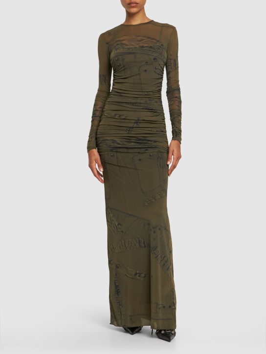 Blumarine: Printed stretch tech long dress - Multi/Military - women_1 | Luisa Via Roma