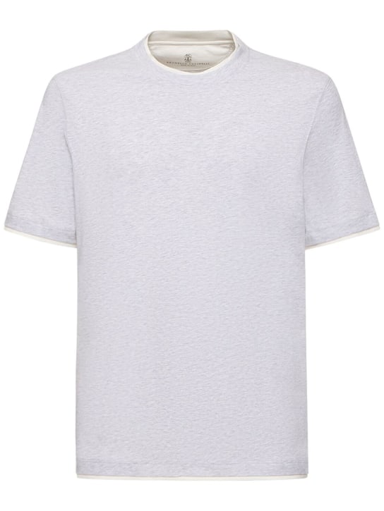 Brunello Cucinelli: Layered cotton jersey solid t-shirt - Grey - men_0 | Luisa Via Roma