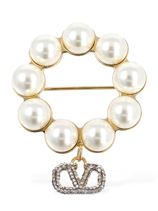 Valentino Garavani: V Logo Signature faux pearl brooch - Cream/Crystal - women_0 | Luisa Via Roma