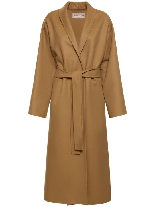 Valentino: Wool compact belted long coat - Camel - women_0 | Luisa Via Roma