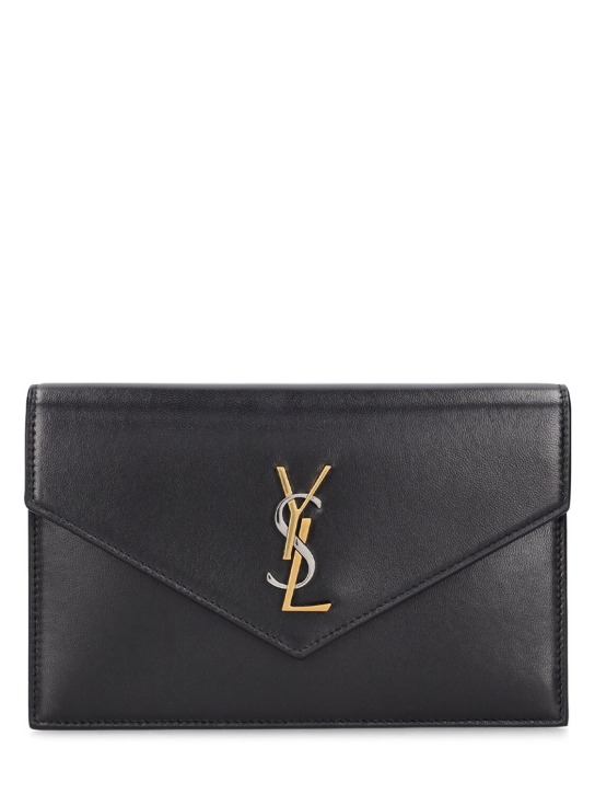 Saint Laurent: Cassandre leather envelope chain wallet - Black - women_0 | Luisa Via Roma