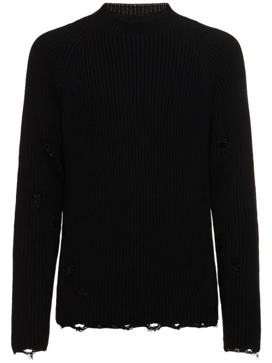 MM6 Maison Margiela: Distressed cotton knit sweater - Black - men_0 | Luisa Via Roma