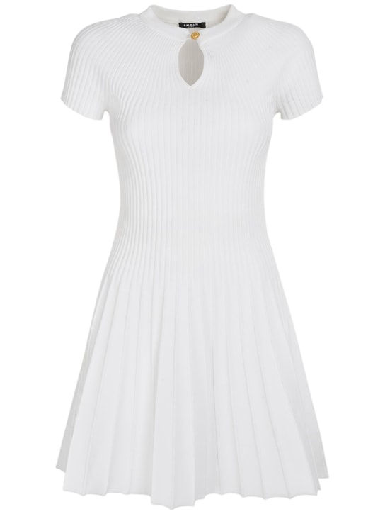 Balmain: Plissiertes, kurzärmeliges Minikleid - Weiß - women_0 | Luisa Via Roma