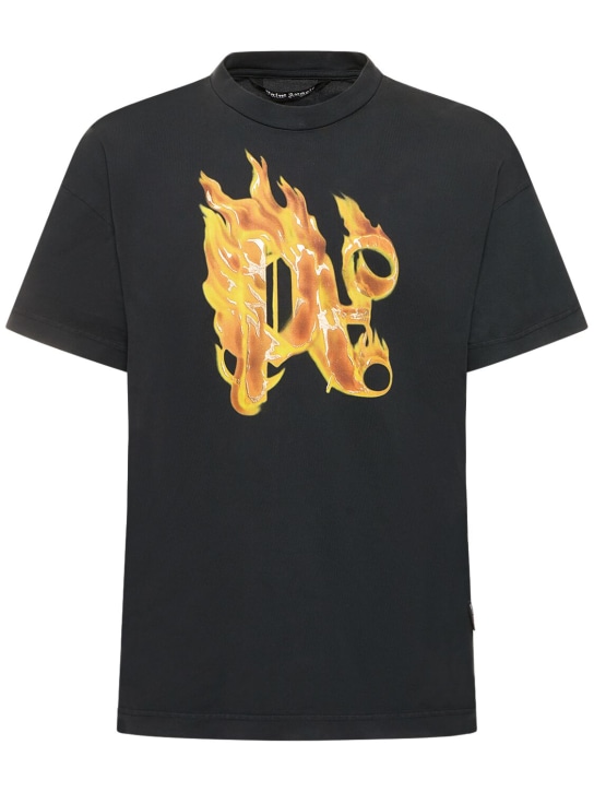 Palm Angels: Burning monogram cotton t-shirt - Black/Gold - men_0 | Luisa Via Roma