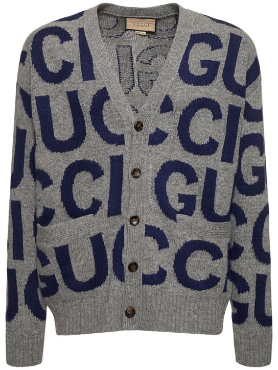 Gucci: Cardigan en laine douce à logo GG - Gris/Bleu - men_0 | Luisa Via Roma