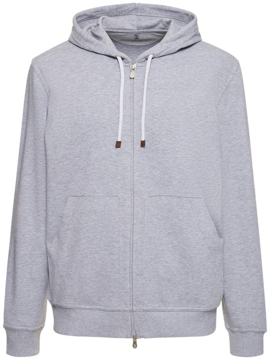 Brunello Cucinelli: Cotton blend zipped hoodie - Grey - men_0 | Luisa Via Roma