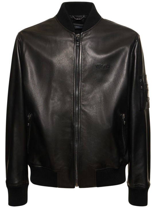 Versace: Veste zippée en cuir à logo - Noir - men_0 | Luisa Via Roma