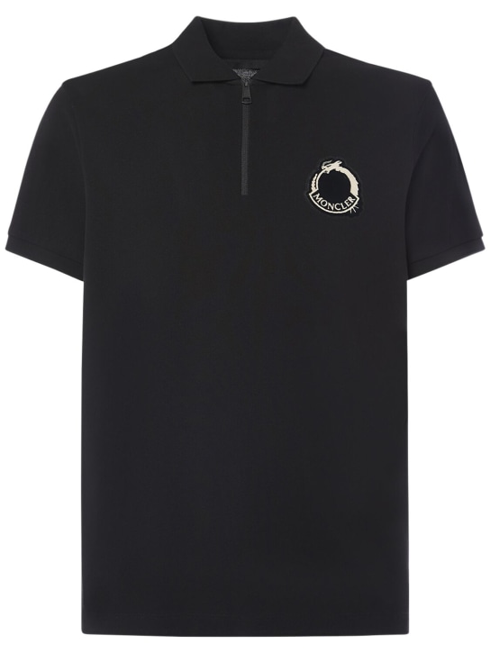 Moncler: CNY cotton piquet polo shirt - Black - men_0 | Luisa Via Roma