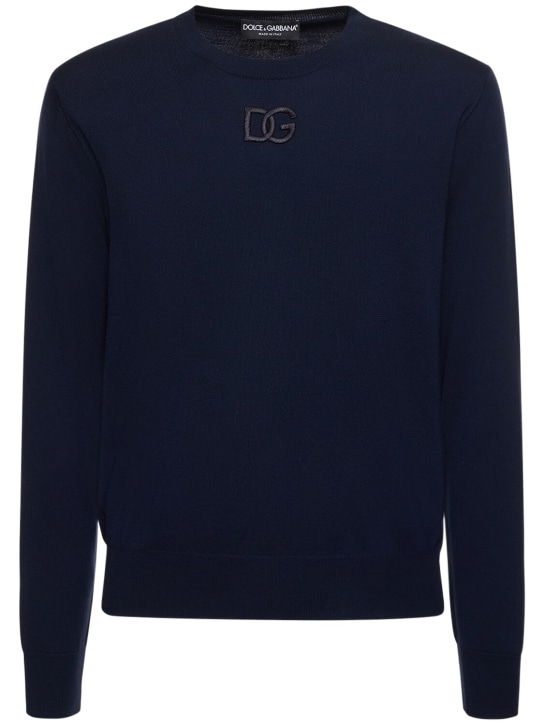 Dolce&Gabbana: Logo embroidered wool crewneck sweater - Blue Scuro - men_0 | Luisa Via Roma